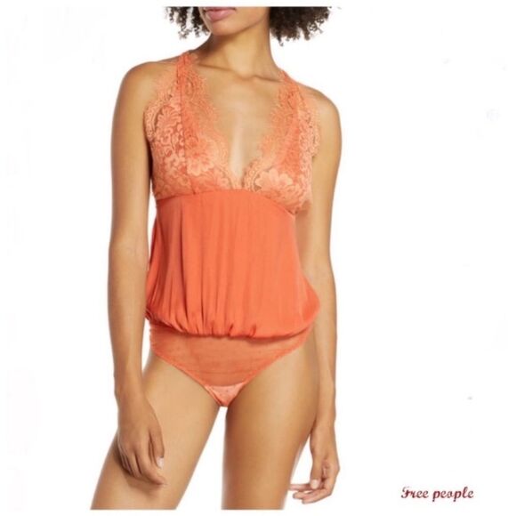 Free People Melrose Lace Bodysuit In Carolina Orange - Picture 1 of 5